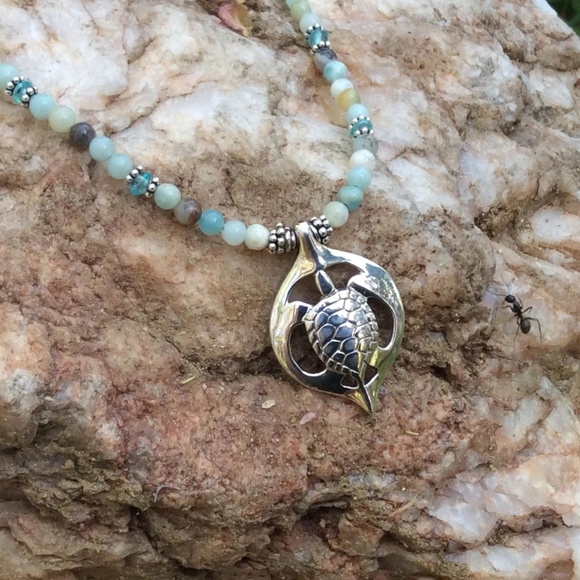 Sterling Silve KAUILA TURTLE  16" Black/Gold Ammonite &Apatite Beaded Necklace - Picture 4 of 5